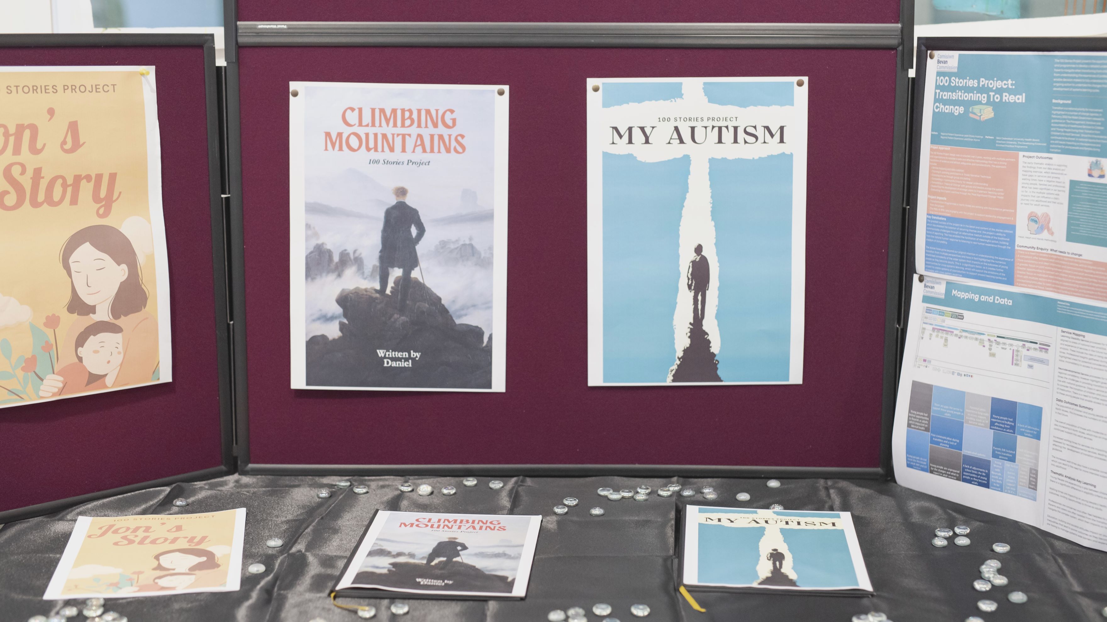 A board showcasing some 100 stories work completed by young people. The works are titled 