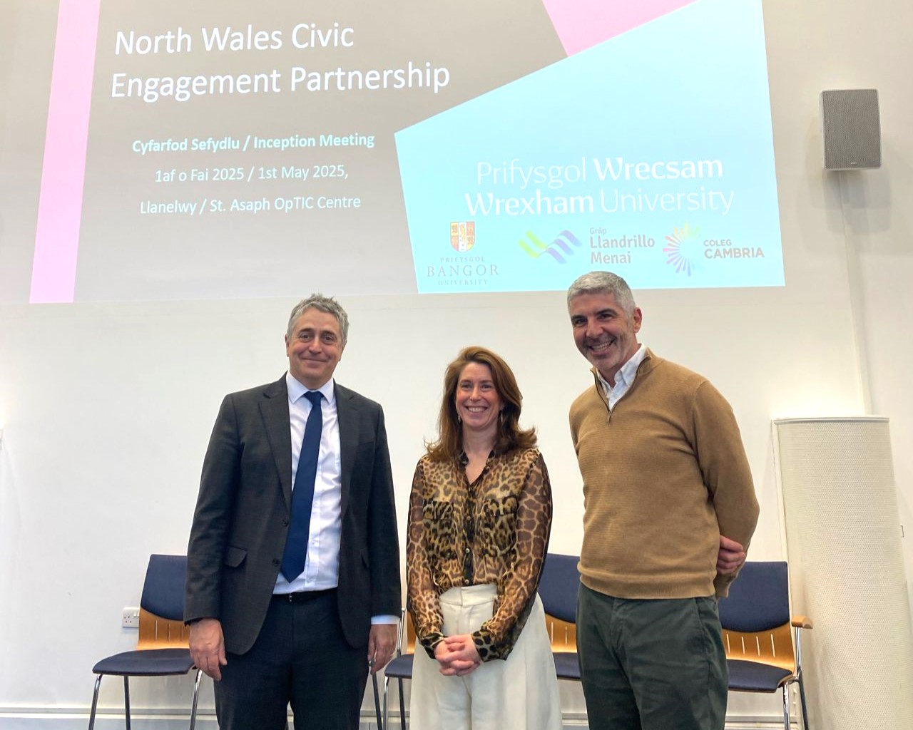 A photo of Joe Yates, Nina Ruddle and Derek Walker taken at a North Wales Civic Engagement Partnership event.