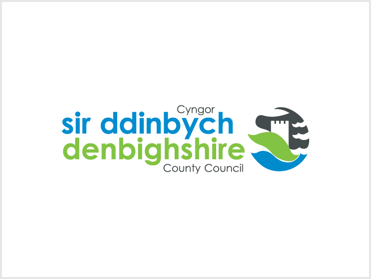 Logo of Denbighshire County Council with stylized text and emblem featuring a castle and waves.