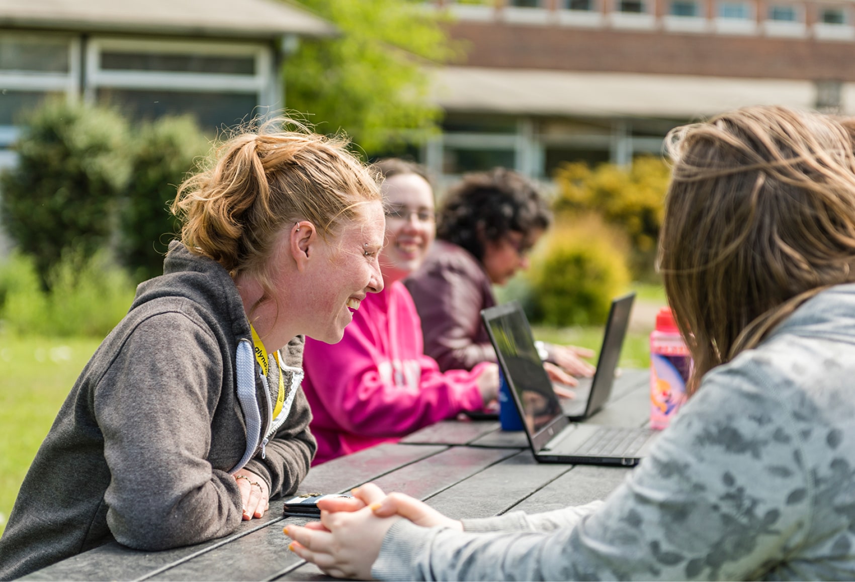 Students on laptops studying outside