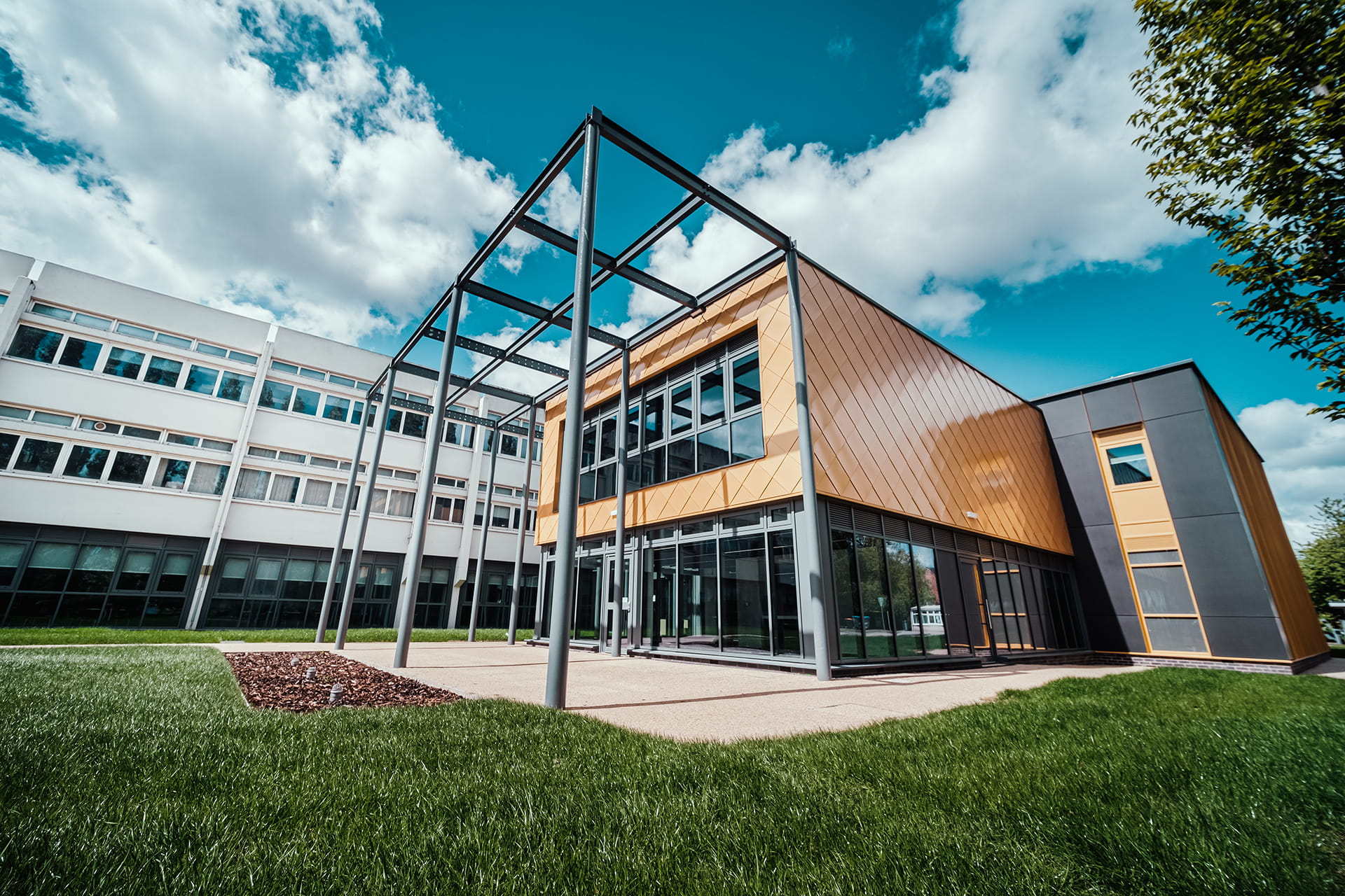 Front of the Simulation and Immersive Learning Centre building in sunny weather