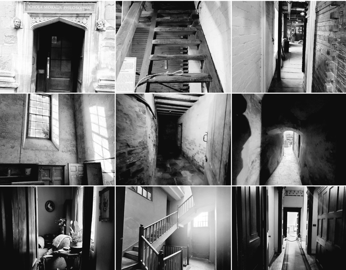 6 segments, photographs in black and white of rooms or stairways