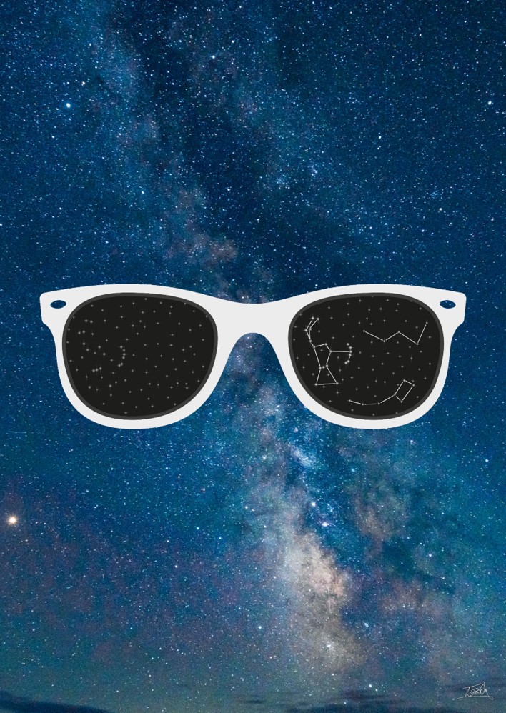 Pair of glasses against a night sky background