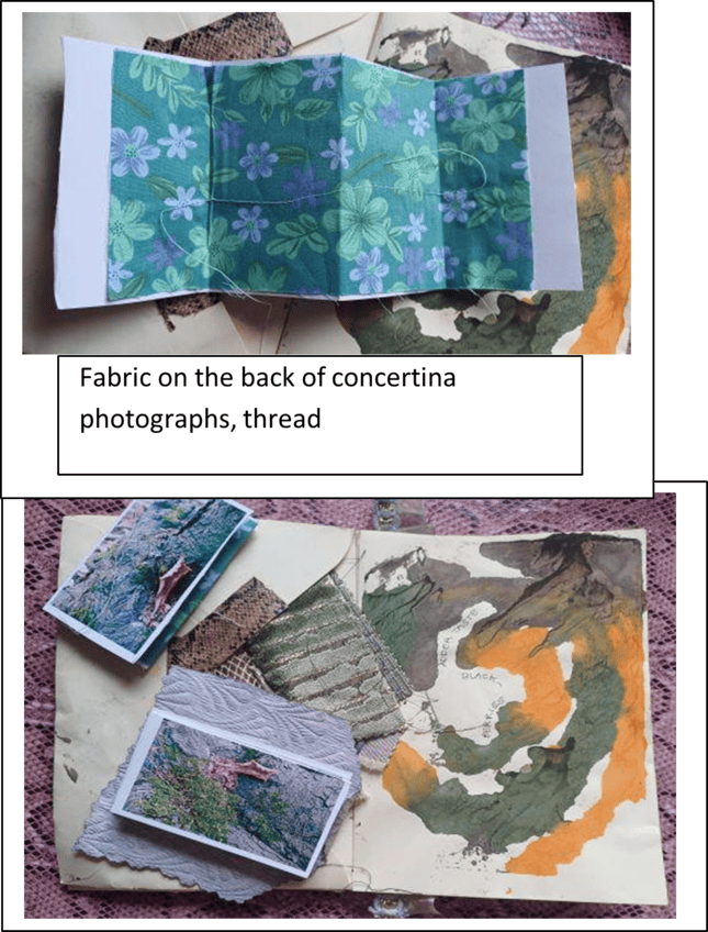 Art journal fabric on concertina pages