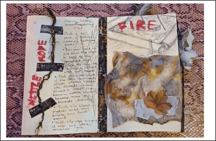 Handmade nettle rope in an art journal