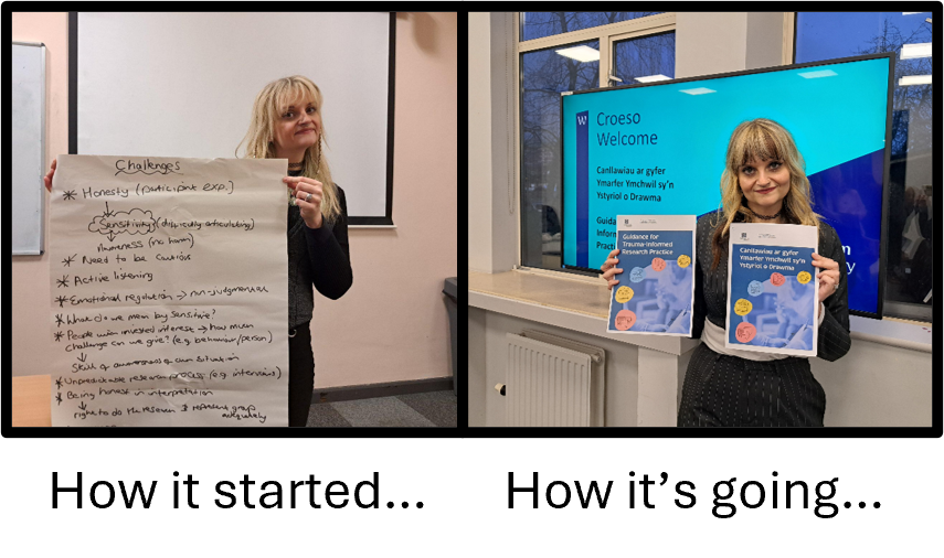 2 sections, how it started with tegan holding flipchart, and how it's going with tegan holding the trauma informed research guidance