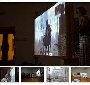 Large image of an art exhibition on a screen with four smaller exhibition images below