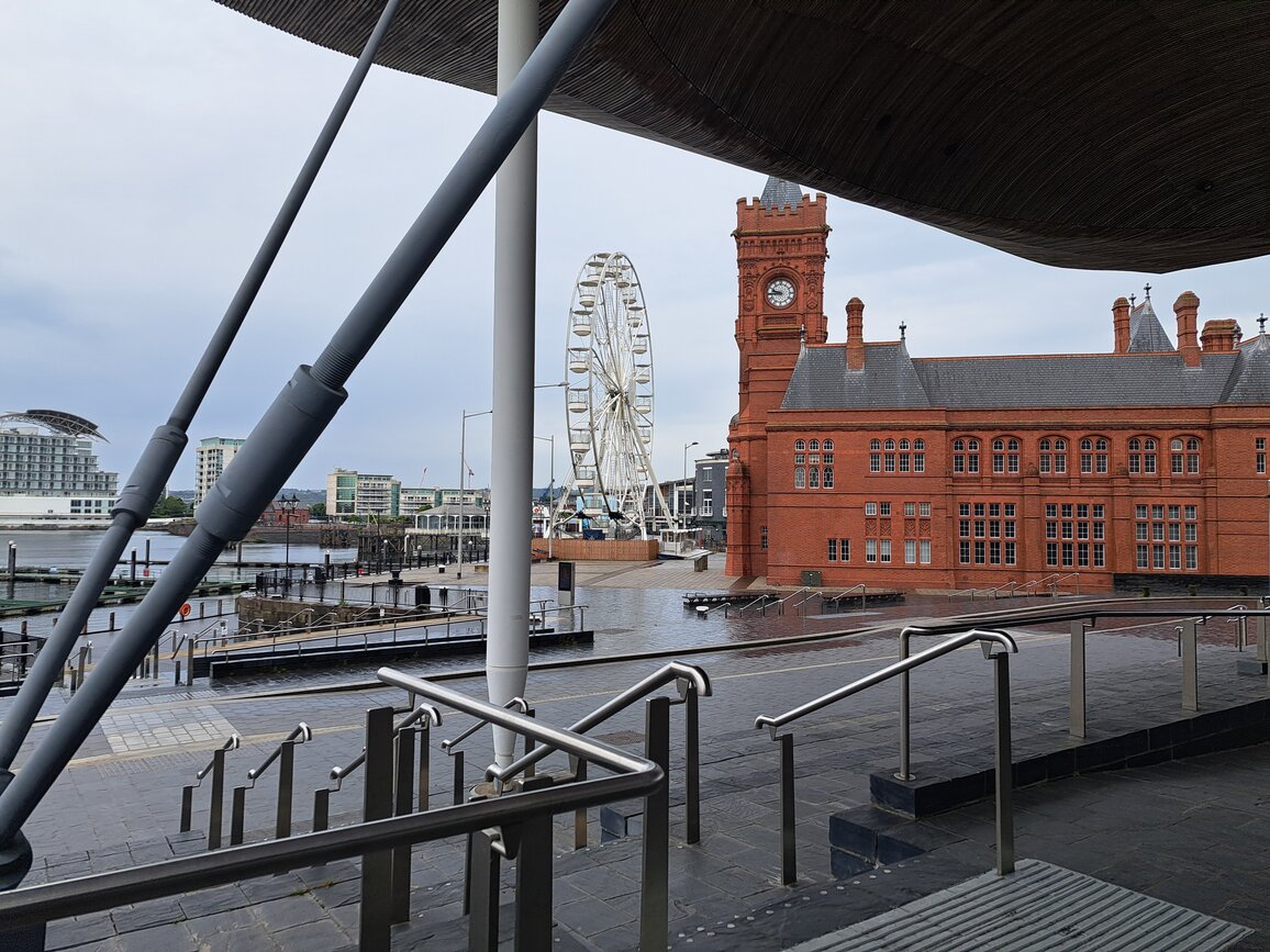 view from the senedd steps of a big wheel