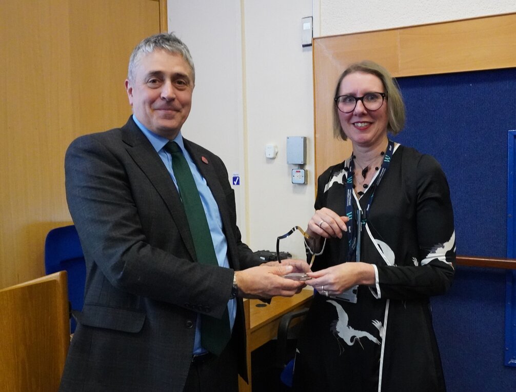 Jo Yates presenting Anne Nortcliffe with their award