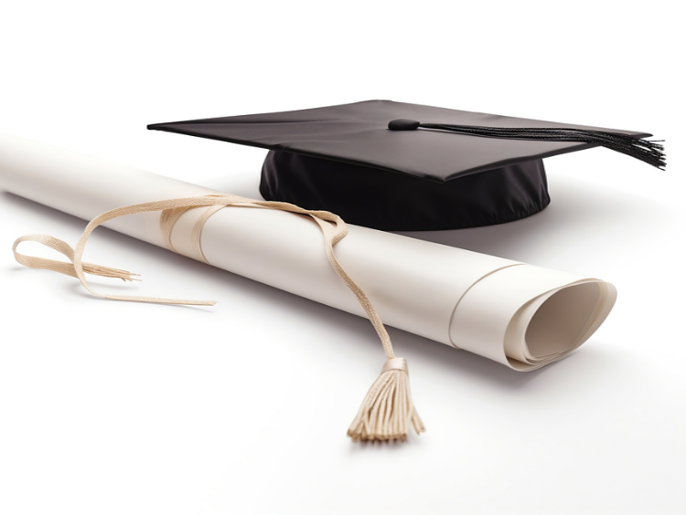 Graduation cap and scroll on white background