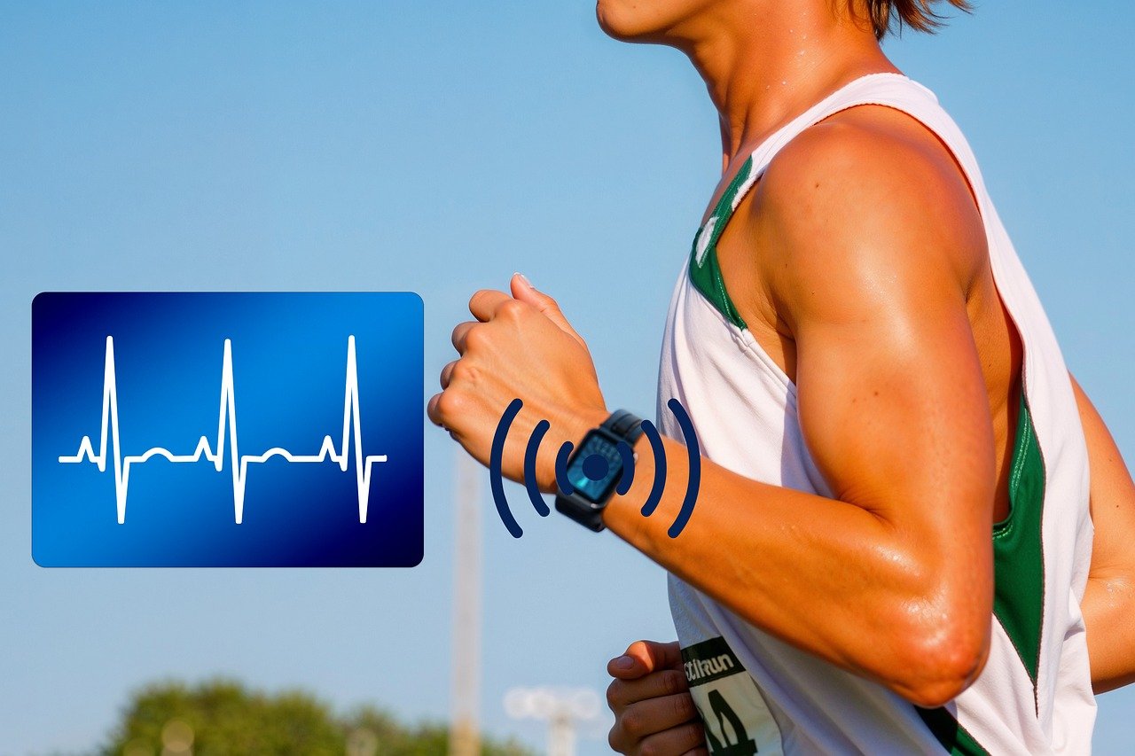 Runner wearing a smart watch with an image of data being transmitted from the watch