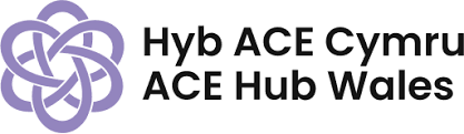 Ace hub wales logo, bilingual, with intersecting purple circles