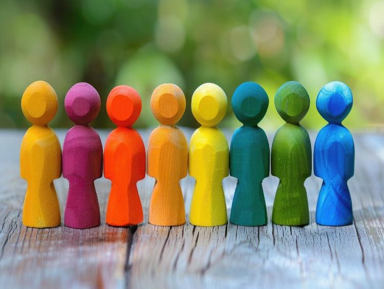 Six wooden figures, each a different colour, in a line on a table outside
