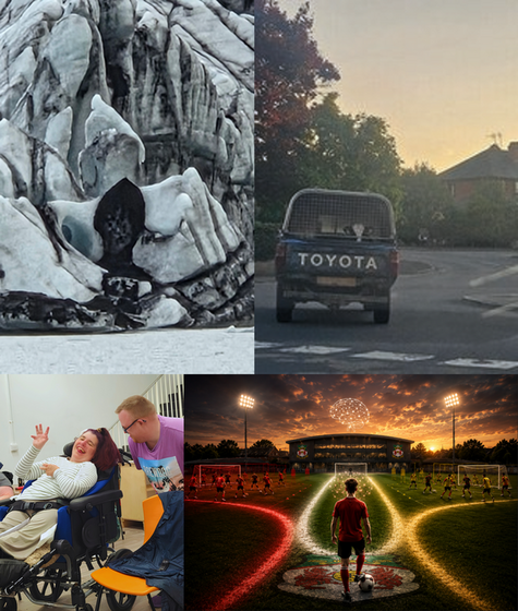 four winners images in a collage: glacier, truck, people, football field