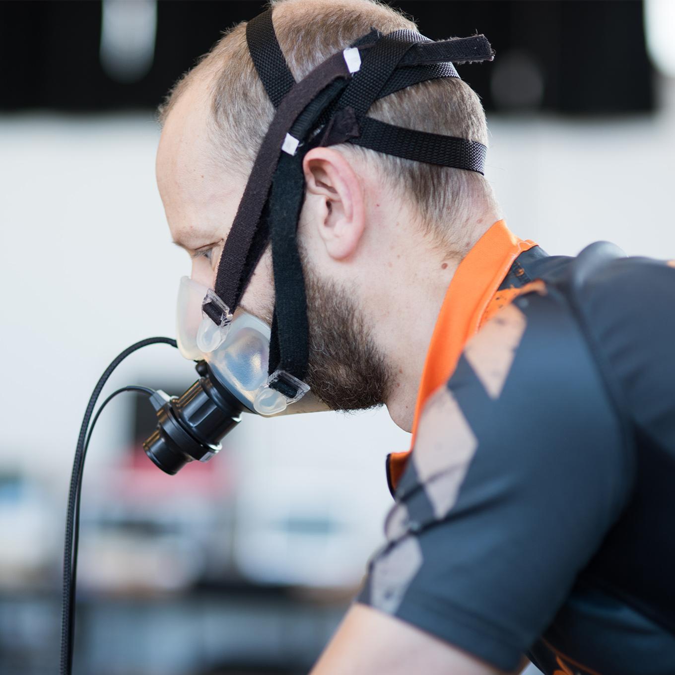 Student wearing breathing apparatus in the Human Performance Lab
